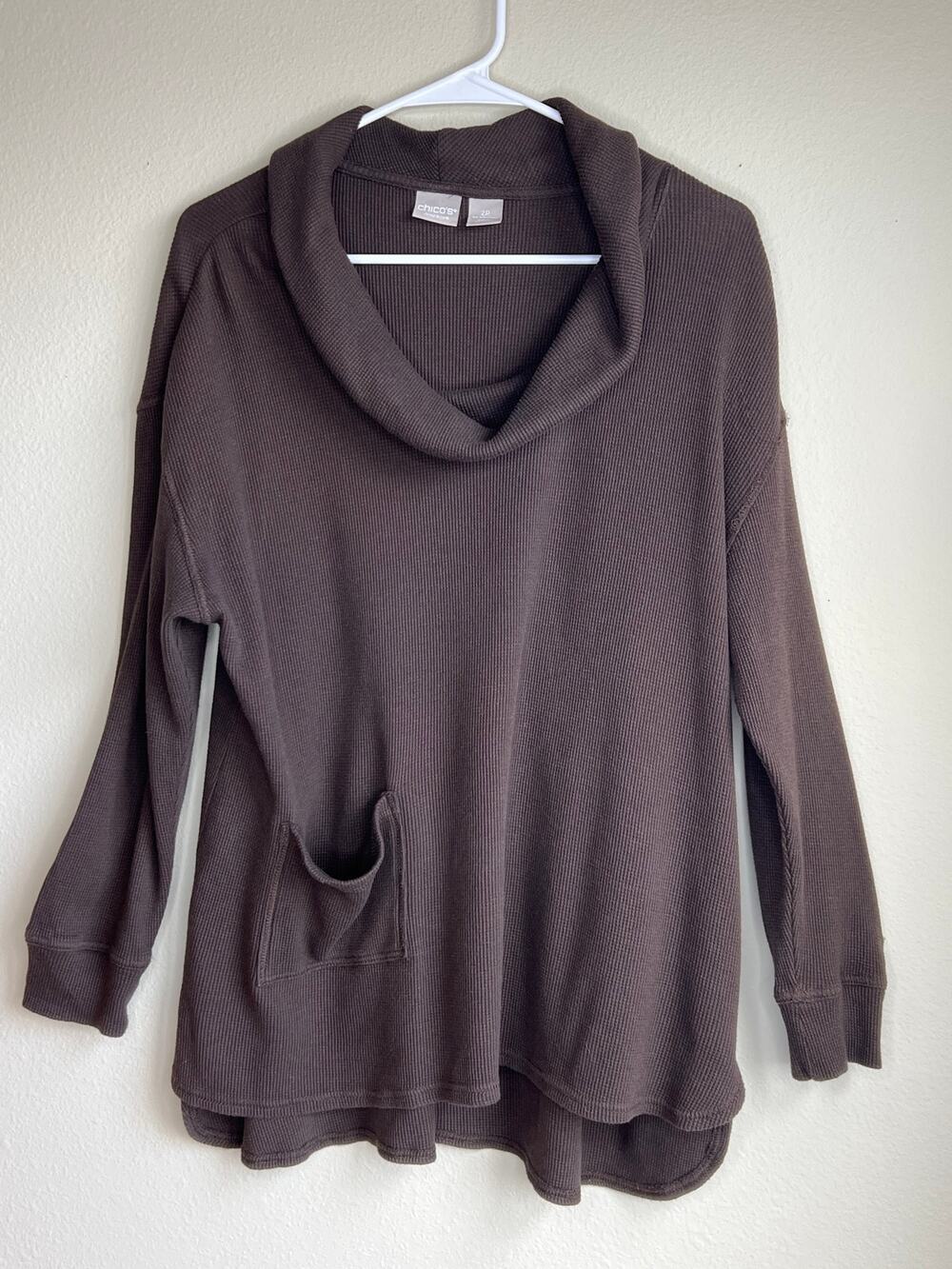Chicos Zenergy 2P Large 12 Petite Chocolate Brown Waffle Knit Cowl Neck Tunic